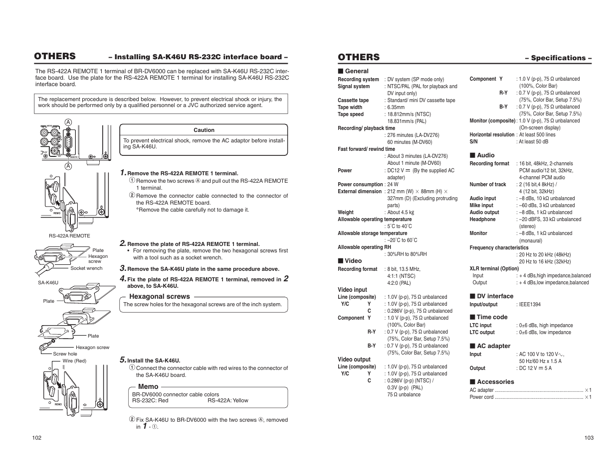 Installing sa-k46u rs-232c interface board, Specifications, Others | JVC BR-DV6000U User Manual | Page 60 / 61