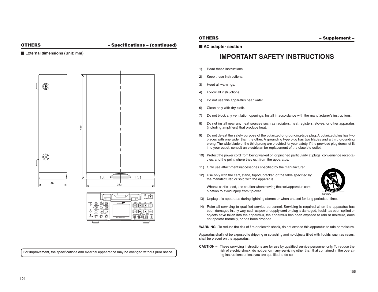 Supplement, Important safety instructions, Mini | Others – specifications – (continued), Others – supplement, External dimensions (unit: mm) | JVC BR-DV6000U User Manual | Page 61 / 61