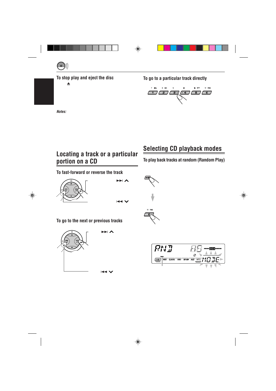 Locating a track or a particular portion on a cd, Selecting cd playback modes, English to stop play and eject the disc | JVC GET0087-001A User Manual | Page 20 / 45