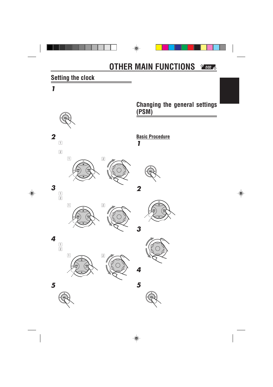Other main functions, Setting the clock 1, Changing the general settings (psm) | JVC GET0087-001A User Manual | Page 25 / 45