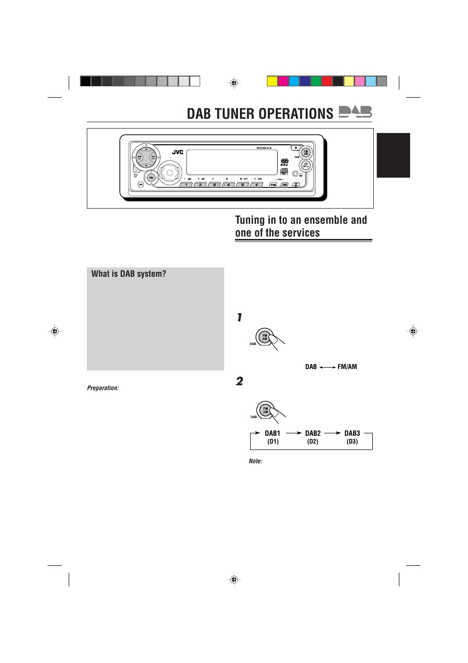 Dab tuner operations, Tuning in to an ensemble and one of the services | JVC GET0087-001A User Manual | Page 33 / 45