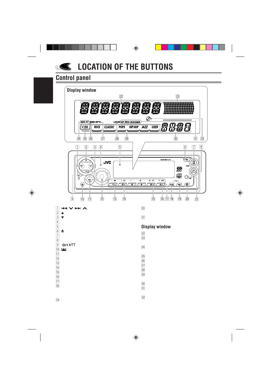 Location of the buttons, Control panel, English | Display window | JVC GET0087-001A User Manual | Page 4 / 45