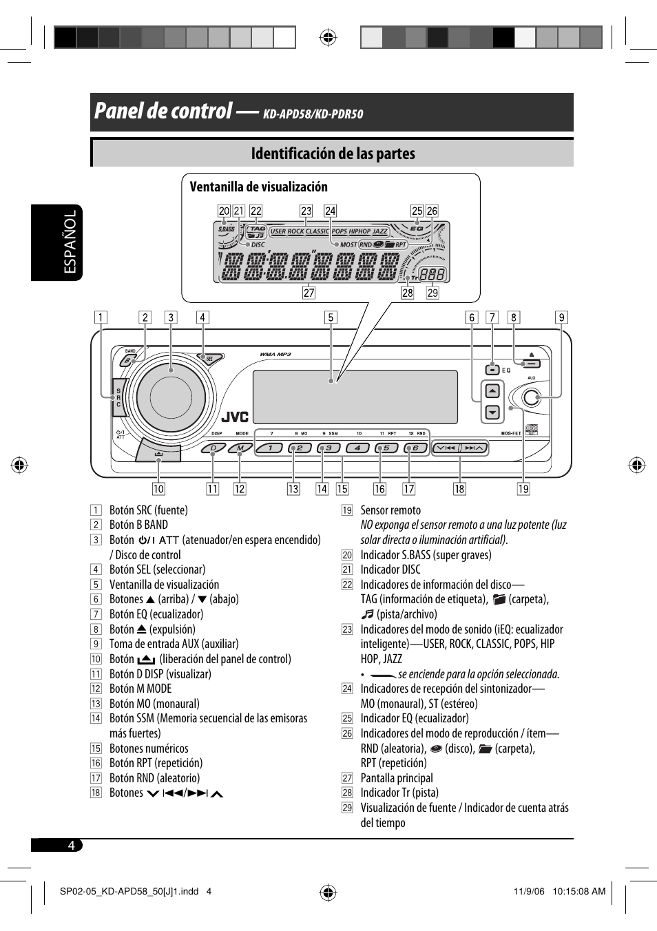 Panel de control, Identificación de las partes, Español | JVC KD-APD58 User Manual | Page 26 / 68