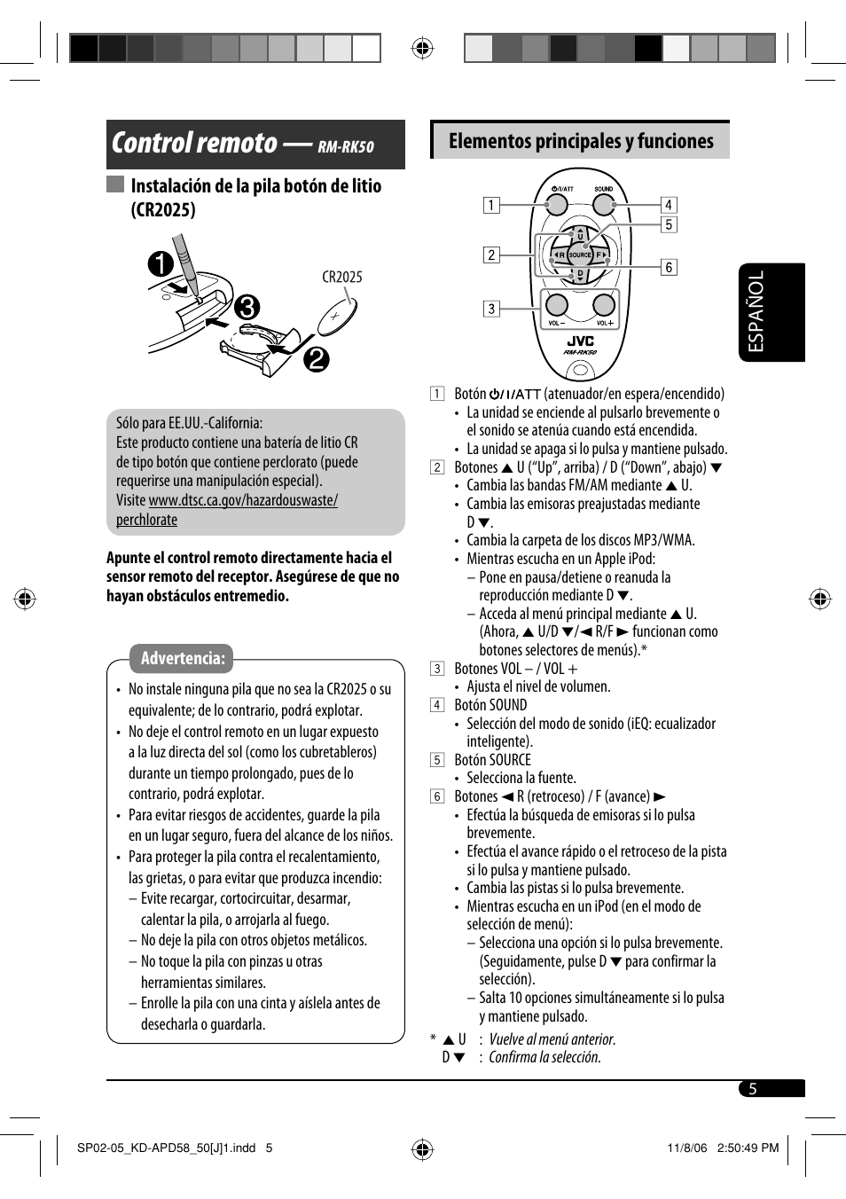 Control remoto, Elementos principales y funciones, Español | Instalación de la pila botón de litio (cr2025) | JVC KD-APD58 User Manual | Page 27 / 68