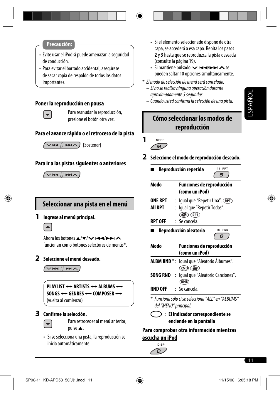 Seleccionar una pista en el menú, Cómo seleccionar los modos de reproducción, Español | JVC KD-APD58 User Manual | Page 33 / 68