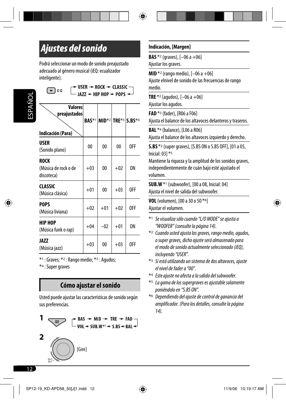 Ajustes del sonido, Cómo ajustar el sonido, Español | JVC KD-APD58 User Manual | Page 34 / 68