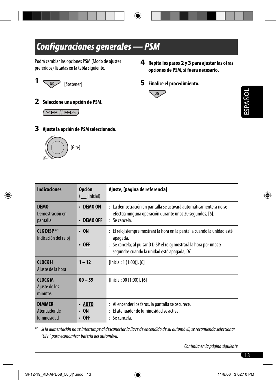 Configuraciones generales — psm, Español | JVC KD-APD58 User Manual | Page 35 / 68