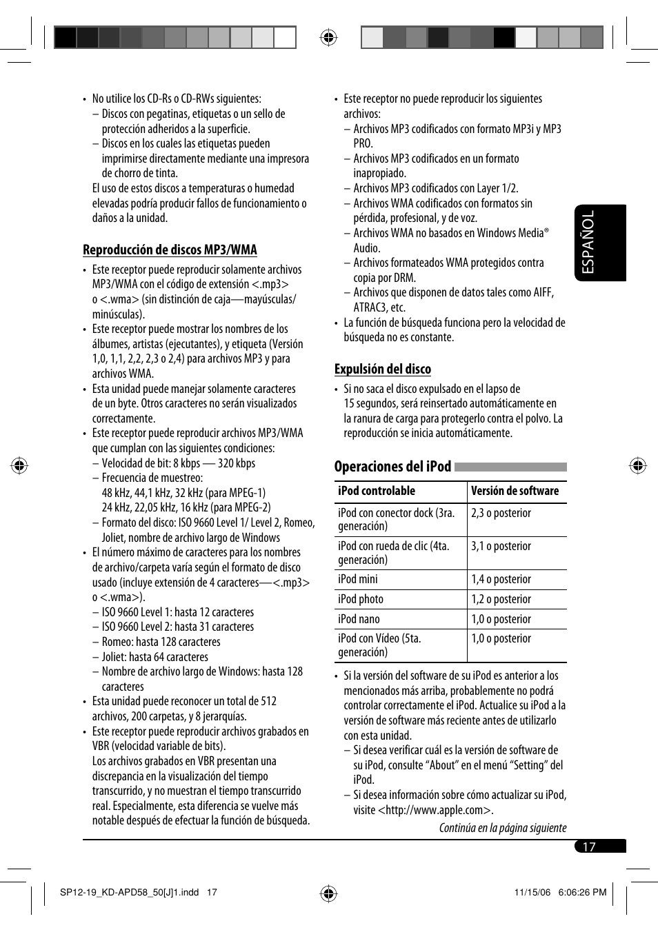 Español, Operaciones del ipod | JVC KD-APD58 User Manual | Page 39 / 68