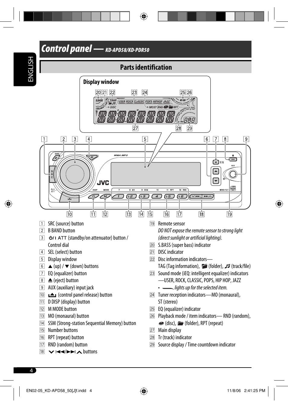Control panel, Parts identification, English | JVC KD-APD58 User Manual | Page 4 / 68