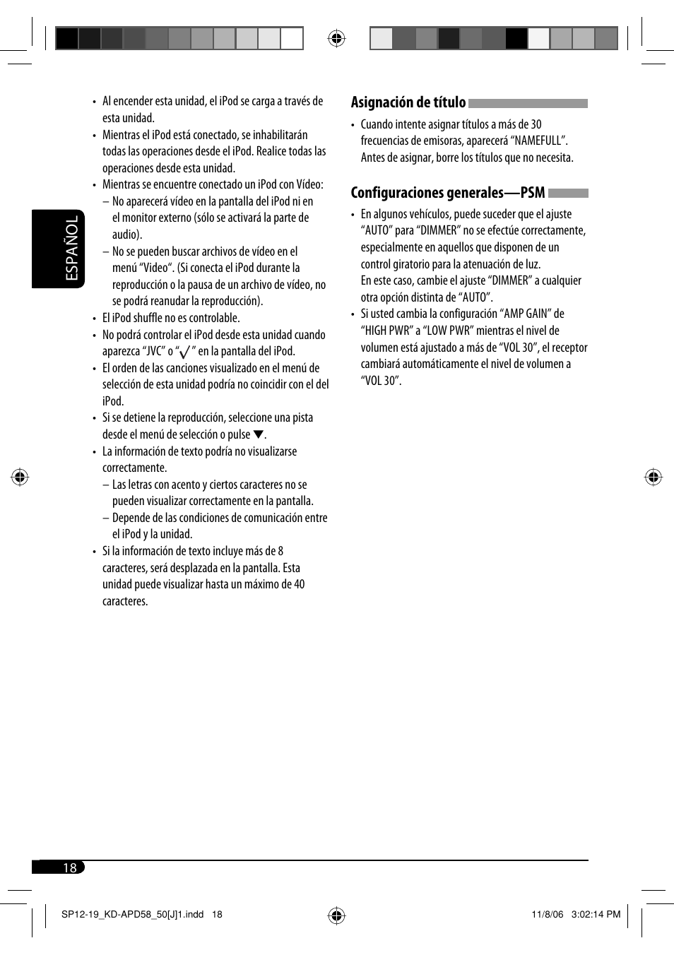 Español asignación de título, Configuraciones generales—psm | JVC KD-APD58 User Manual | Page 40 / 68