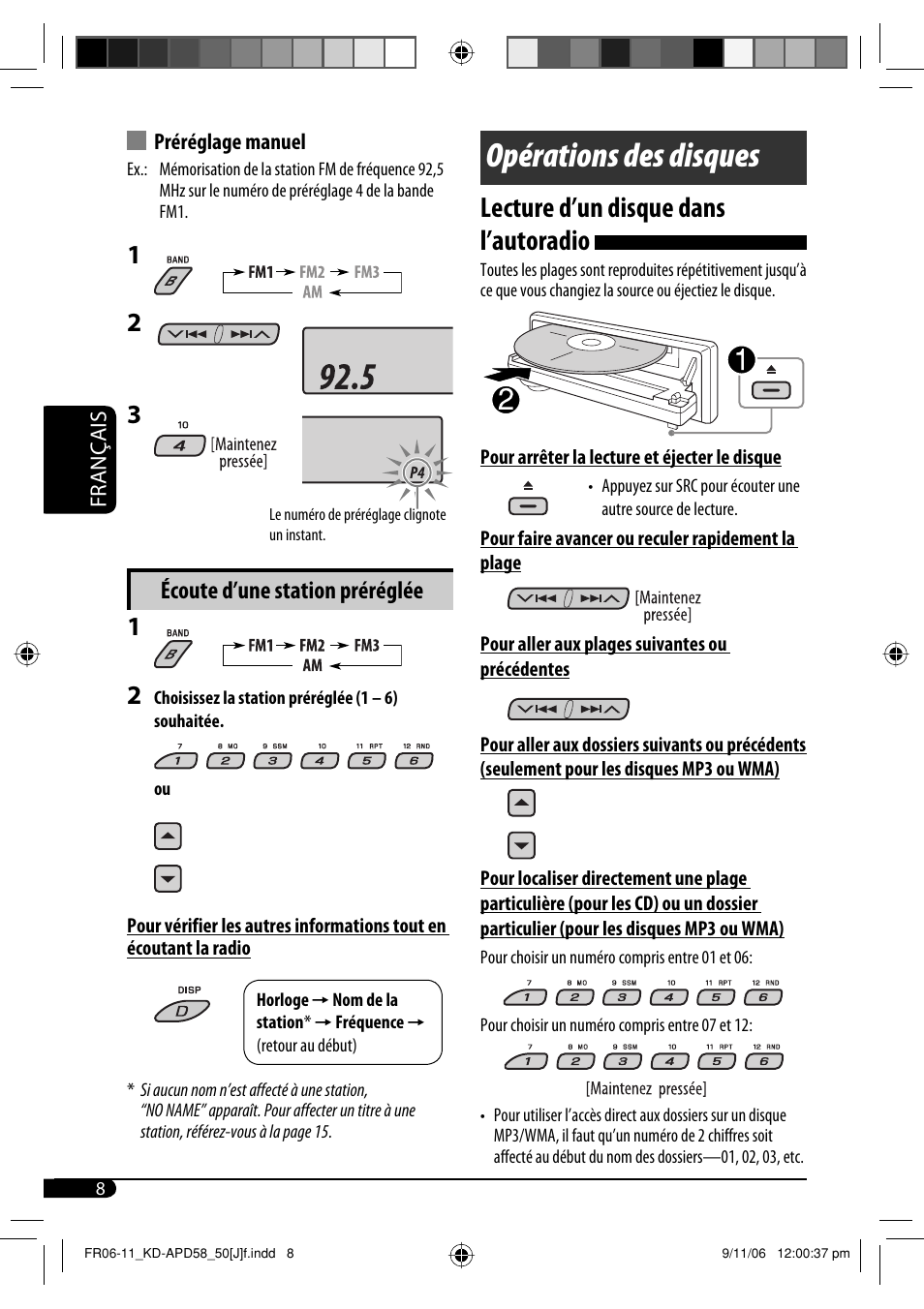 Opérations des disques, Lecture d’un disque dans l’autoradio, Écoute d’une station préréglée | JVC KD-APD58 User Manual | Page 52 / 68