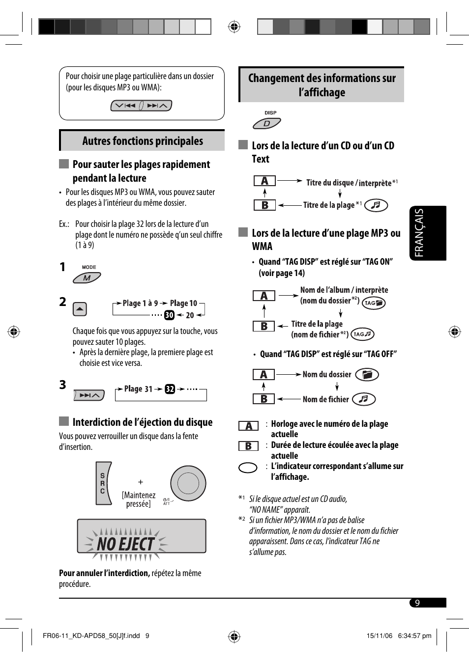 Autres fonctions principales, Changement des informations sur l’affichage | JVC KD-APD58 User Manual | Page 53 / 68