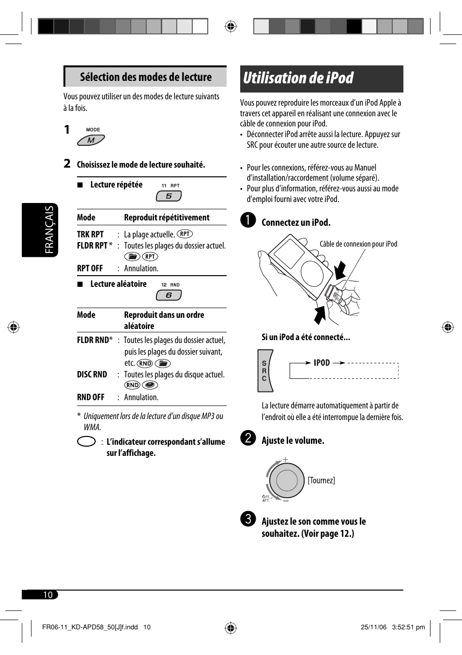 Utilisation de ipod, Sélection des modes de lecture | JVC KD-APD58 User Manual | Page 54 / 68