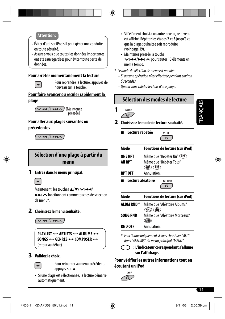 Sélection d’une plage à partir du menu, Sélection des modes de lecture, Français | JVC KD-APD58 User Manual | Page 55 / 68