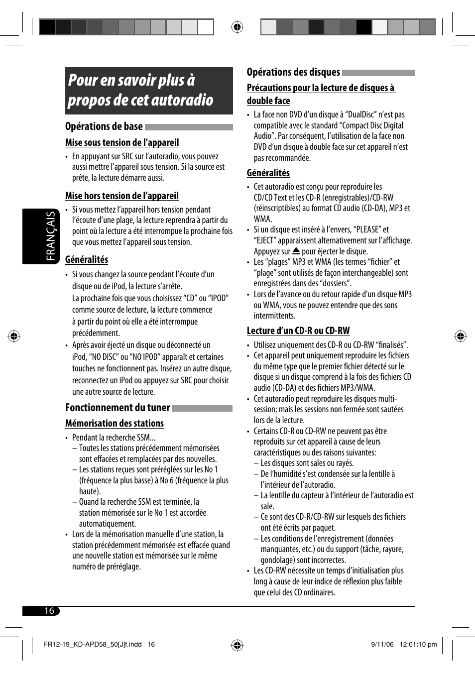 Pour en savoir plus à propos de cet autoradio, Français, Opérations de base | Fonctionnement du tuner, Opérations des disques | JVC KD-APD58 User Manual | Page 60 / 68