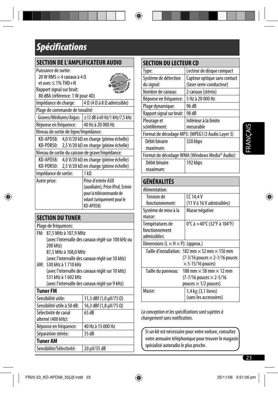 Spécifications, Français, Généralités | JVC KD-APD58 User Manual | Page 67 / 68