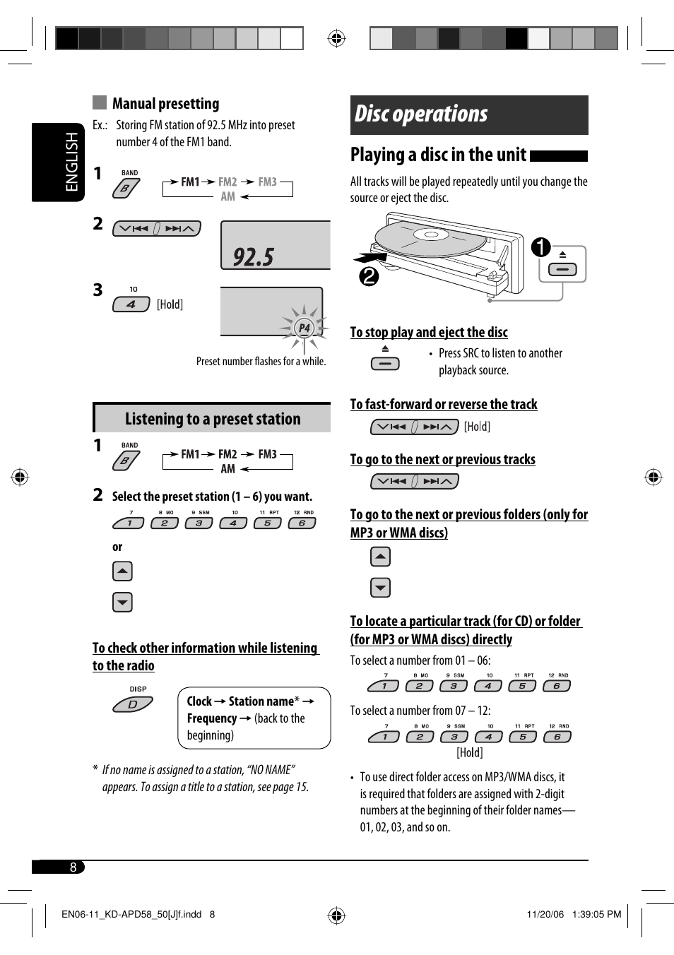 Disc operations, Playing a disc in the unit, Listening to a preset station | JVC KD-APD58 User Manual | Page 8 / 68