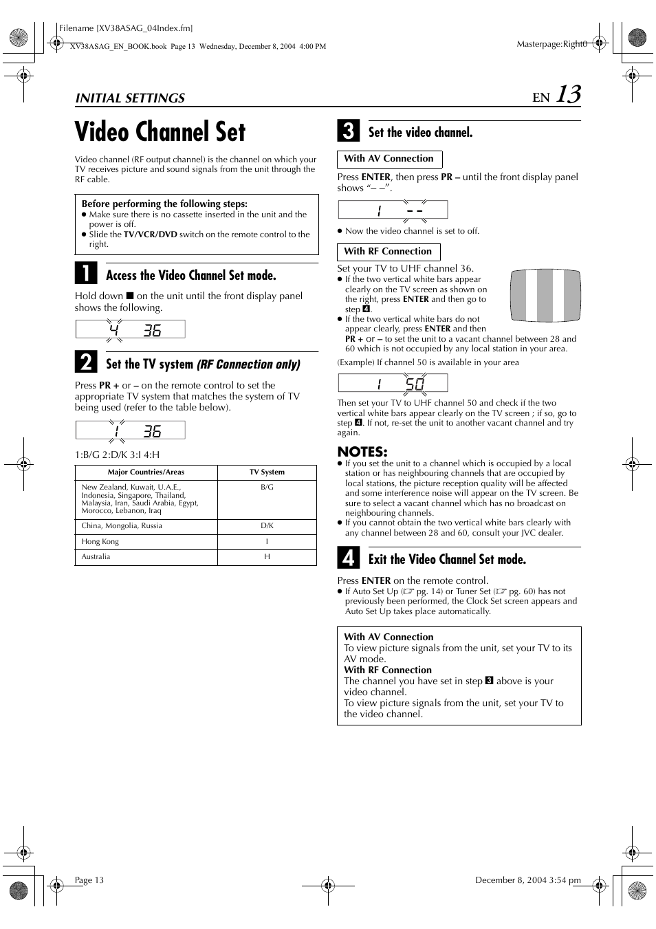 Video channel set, Initial settings, Access the video channel set mode | Set the tv system, Set the video channel, Exit the video channel set mode | JVC HR-XV38SAG User Manual | Page 13 / 72