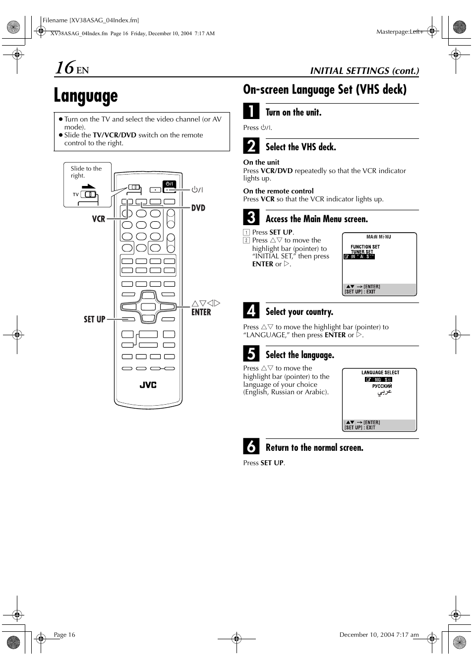 Language, On-screen language set (vhs deck) | JVC HR-XV38SAG User Manual | Page 16 / 72
