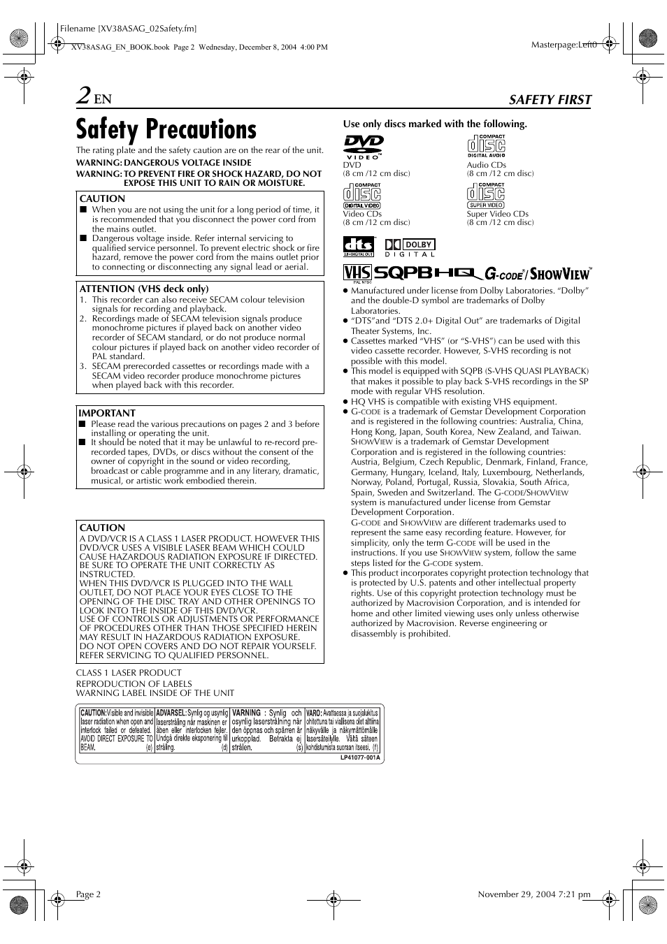 Safety precautions, Safety first | JVC HR-XV38SAG User Manual | Page 2 / 72