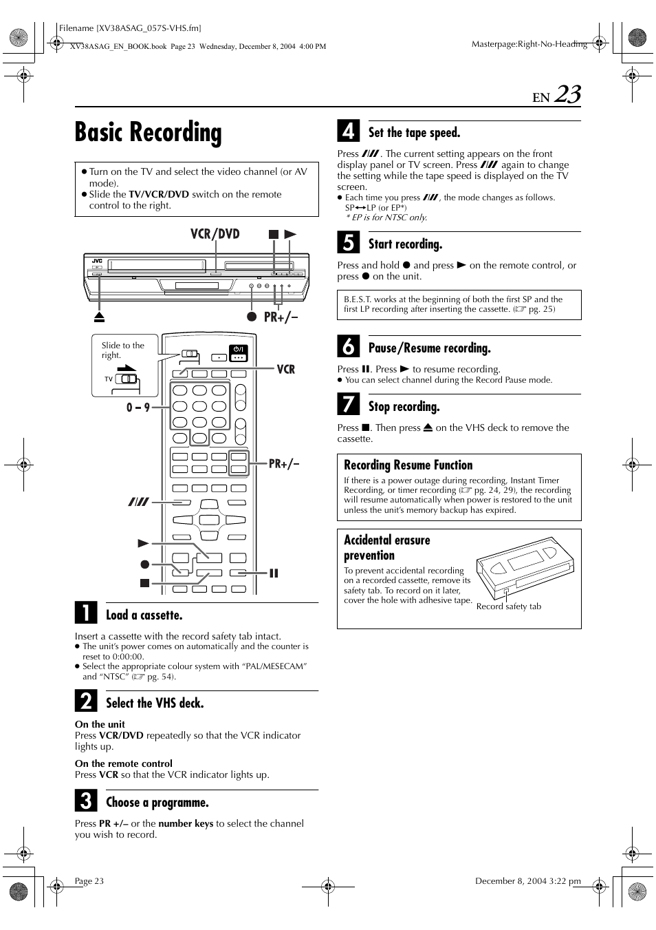 Basic recording | JVC HR-XV38SAG User Manual | Page 23 / 72