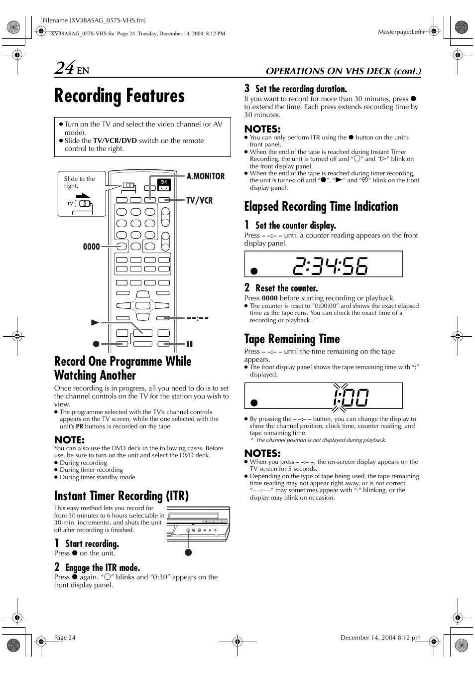 Recording features, Record one programme while watching another, Instant timer recording (itr) | Elapsed recording time indication, Tape remaining time | JVC HR-XV38SAG User Manual | Page 24 / 72