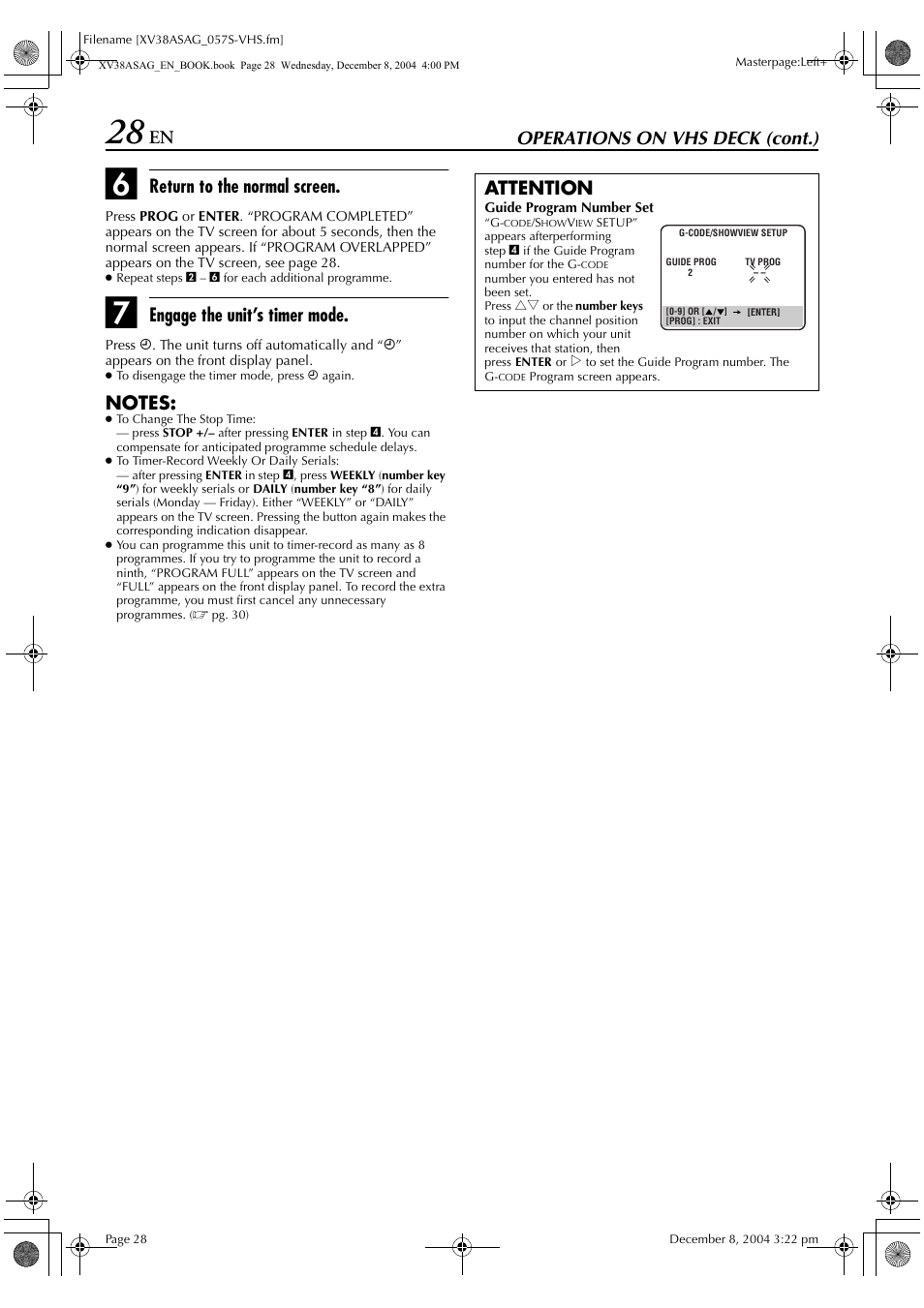 Operations on vhs deck (cont.), Return to the normal screen, Engage the unit’s timer mode | Attention | JVC HR-XV38SAG User Manual | Page 28 / 72