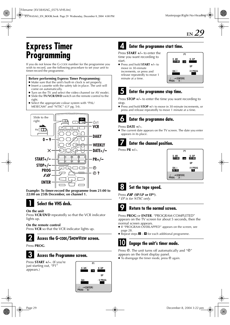 Express timer programming | JVC HR-XV38SAG User Manual | Page 29 / 72