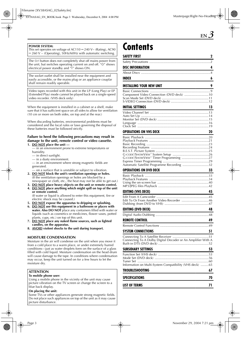 JVC HR-XV38SAG User Manual | Page 3 / 72