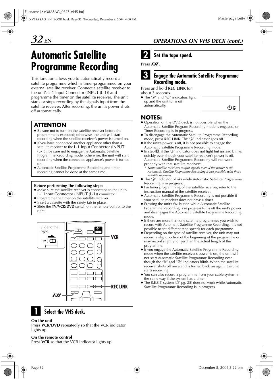 Automatic satellite programme recording, Operations on vhs deck (cont.), Select the vhs deck | Set the tape speed, Attention | JVC HR-XV38SAG User Manual | Page 32 / 72