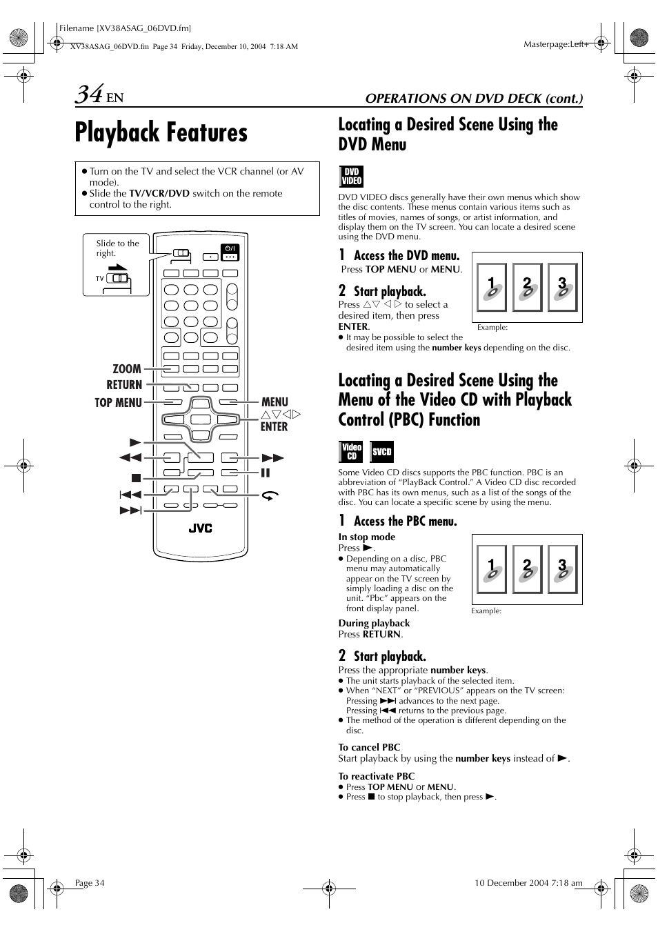 Playback features, Locating a desired scene using the dvd menu | JVC HR-XV38SAG User Manual | Page 34 / 72