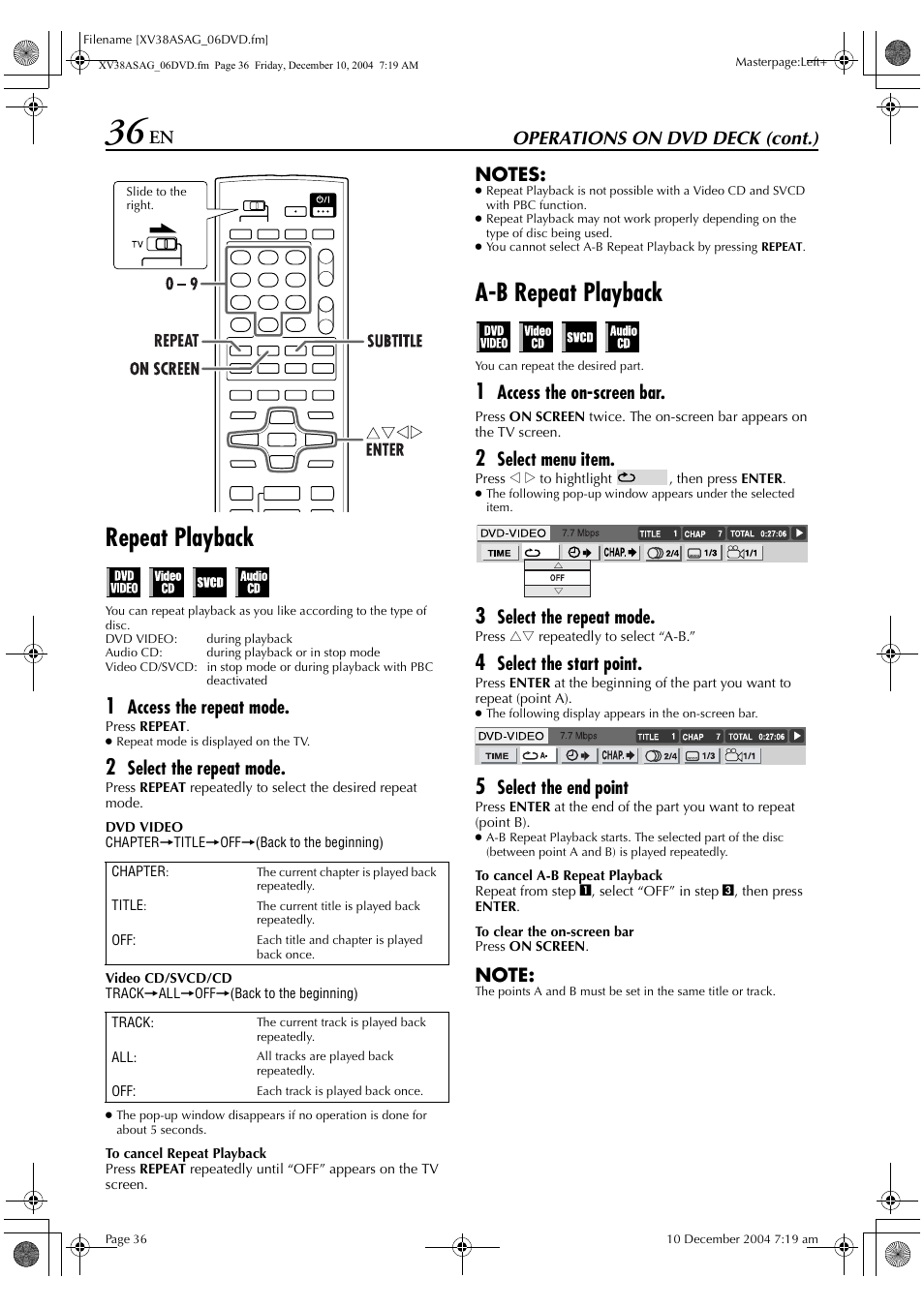 Repeat playback, A-b repeat playback, Operations on dvd deck (cont.) | Access the repeat mode, Select the repeat mode, Access the on-screen bar, Select menu item, Select the start point, Select the end point | JVC HR-XV38SAG User Manual | Page 36 / 72
