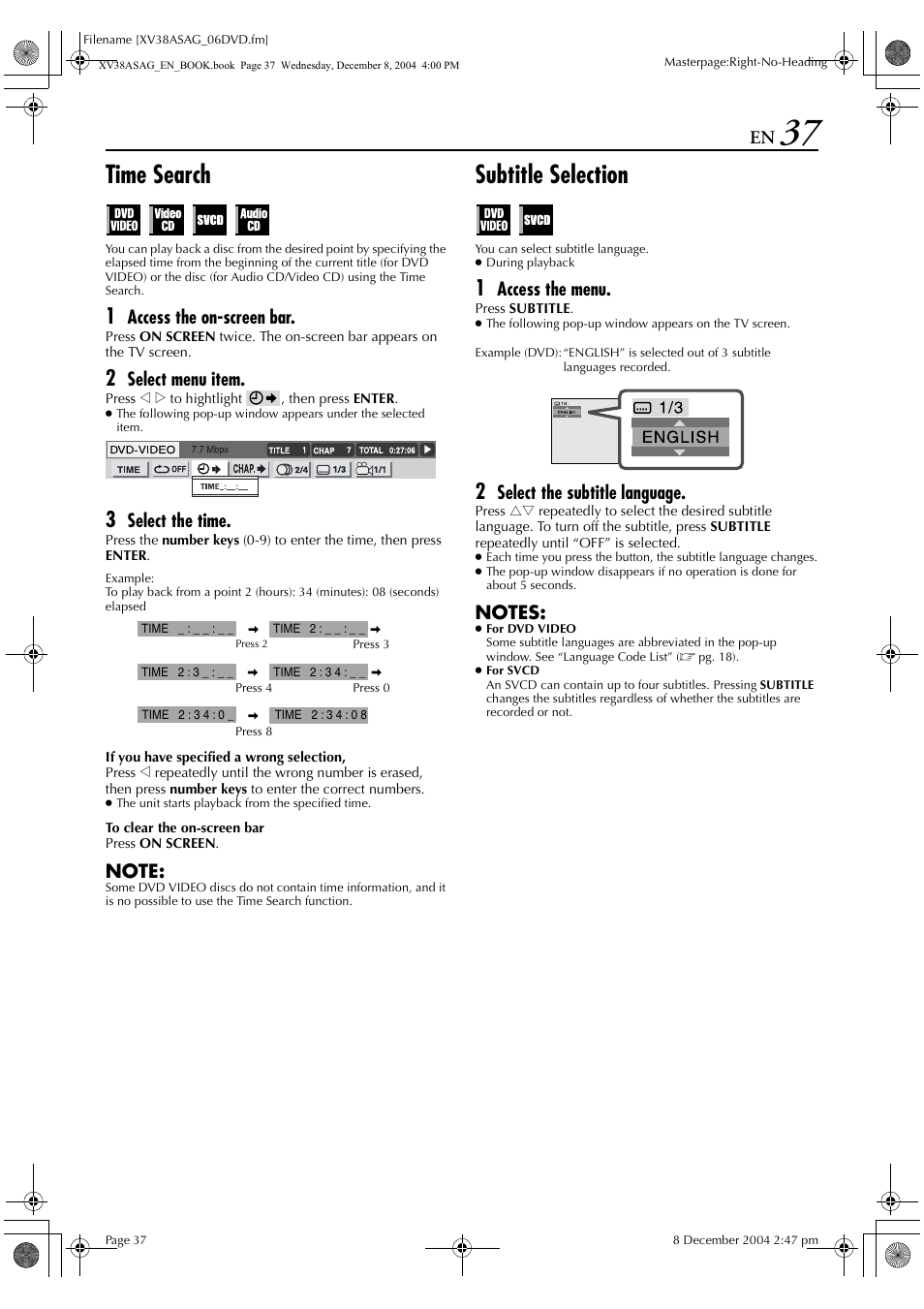 Time search, Subtitle selection, Access the on-screen bar | Select menu item, Select the time, Access the menu, Select the subtitle language | JVC HR-XV38SAG User Manual | Page 37 / 72