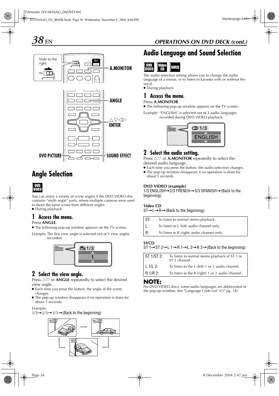 Angle selection, Audio language and sound selection, Operations on dvd deck (cont.) | Access the menu, Select the view angle, Select the audio setting | JVC HR-XV38SAG User Manual | Page 38 / 72