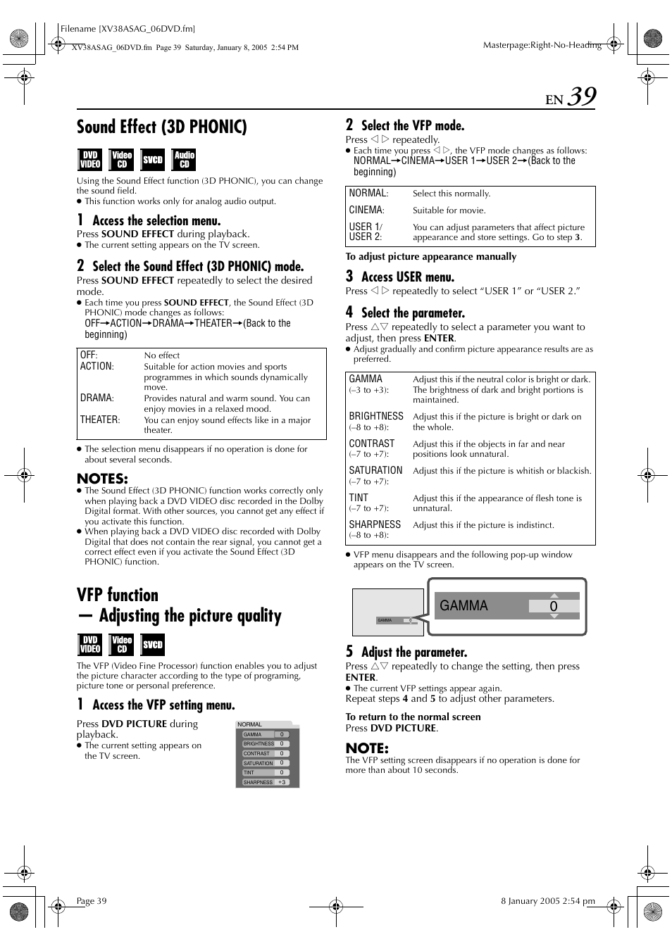 Sound effect (3d phonic), Vfp function — adjusting the picture quality, 0gamma | Access the selection menu, Select the sound effect (3d phonic) mode, Access the vfp setting menu, Select the vfp mode, Access user menu, Select the parameter, Adjust the parameter | JVC HR-XV38SAG User Manual | Page 39 / 72