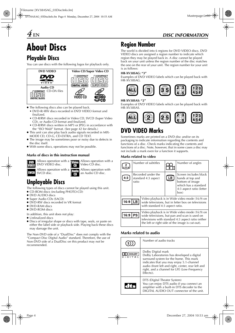 About discs, Playable discs, Unplayable discs | Region number, Dvd video marks, Disc information | JVC HR-XV38SAG User Manual | Page 4 / 72
