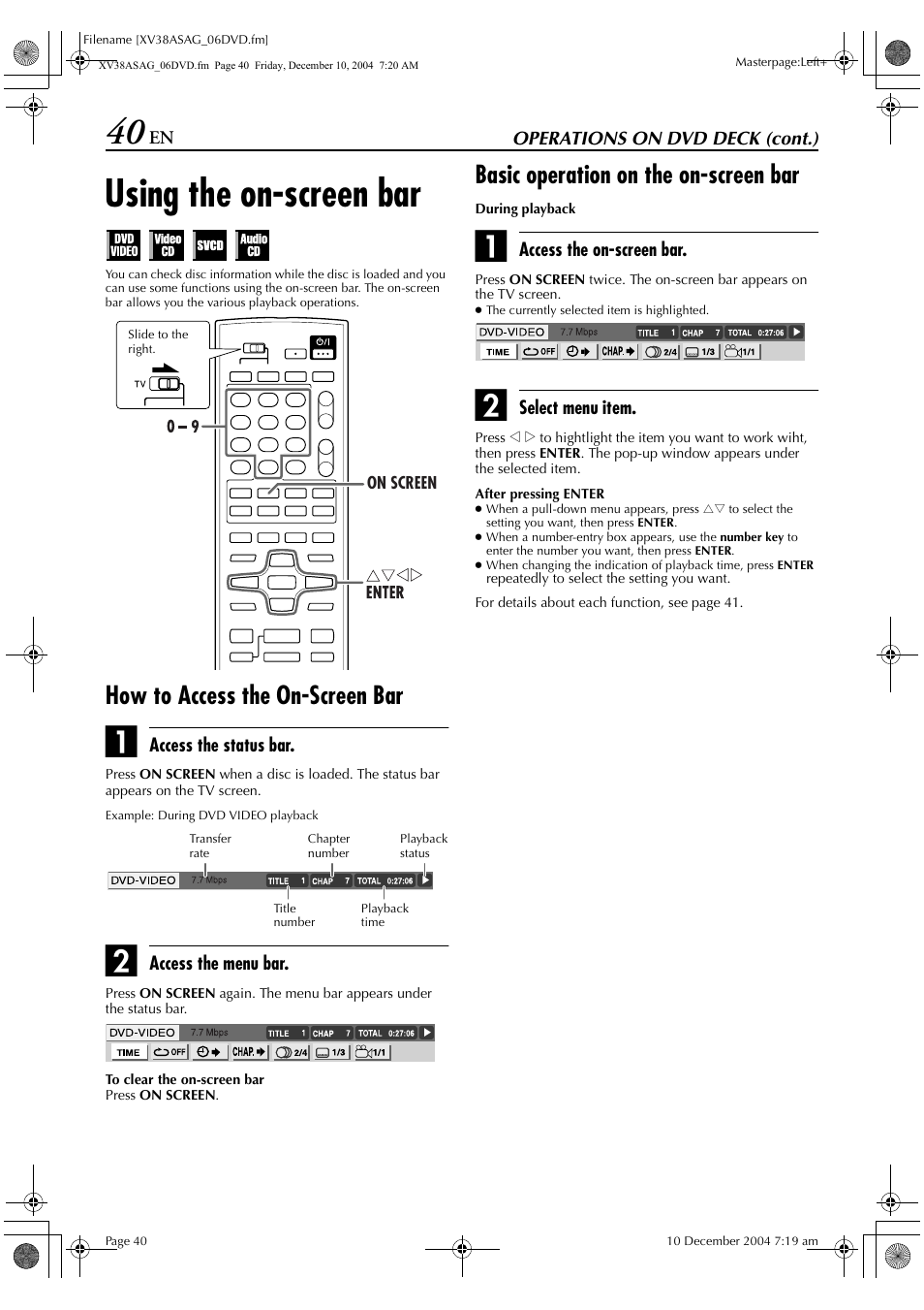 Using the on-screen bar, How to access the on-screen bar, Basic operation on the on-screen bar | JVC HR-XV38SAG User Manual | Page 40 / 72