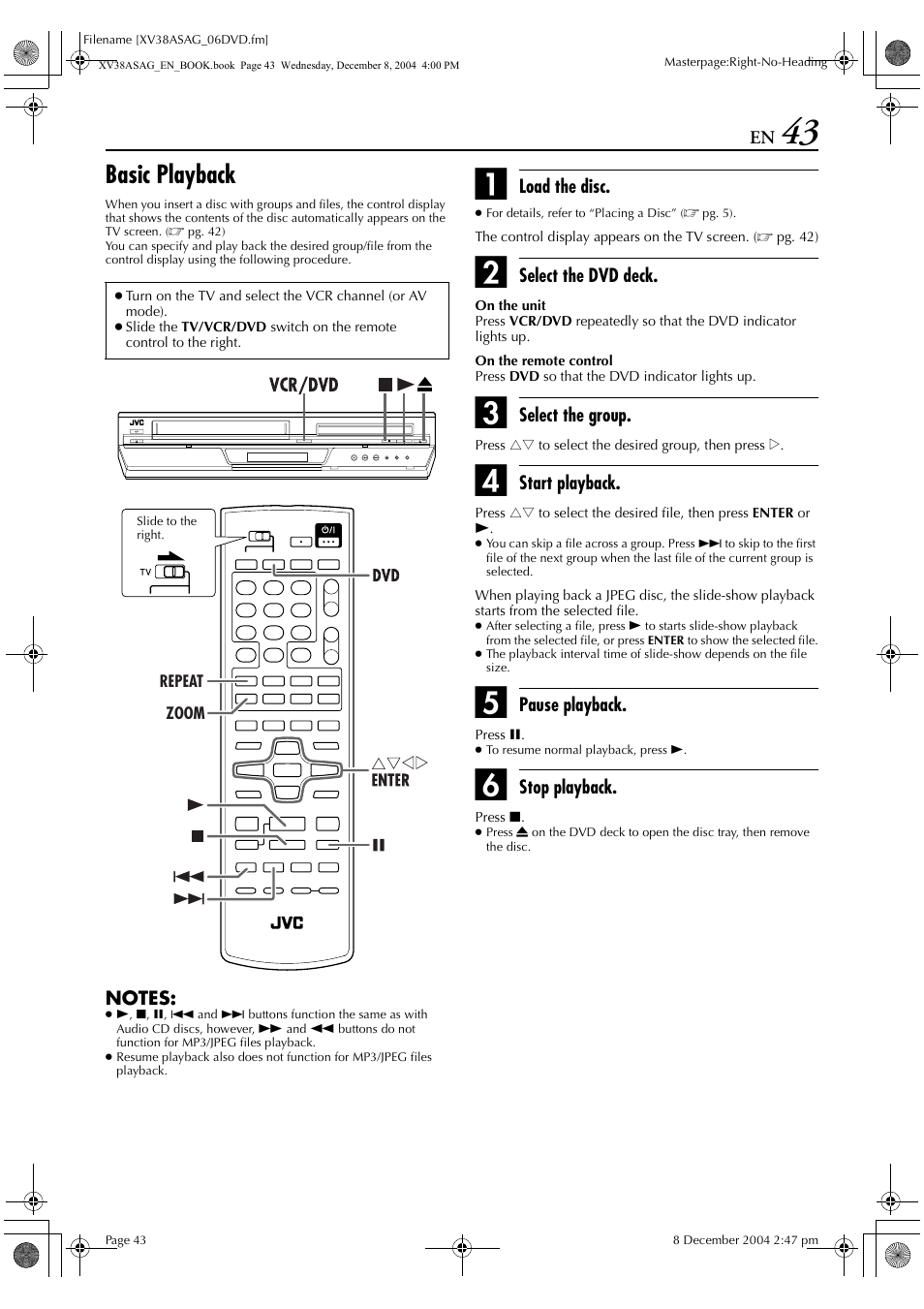 Basic playback | JVC HR-XV38SAG User Manual | Page 43 / 72