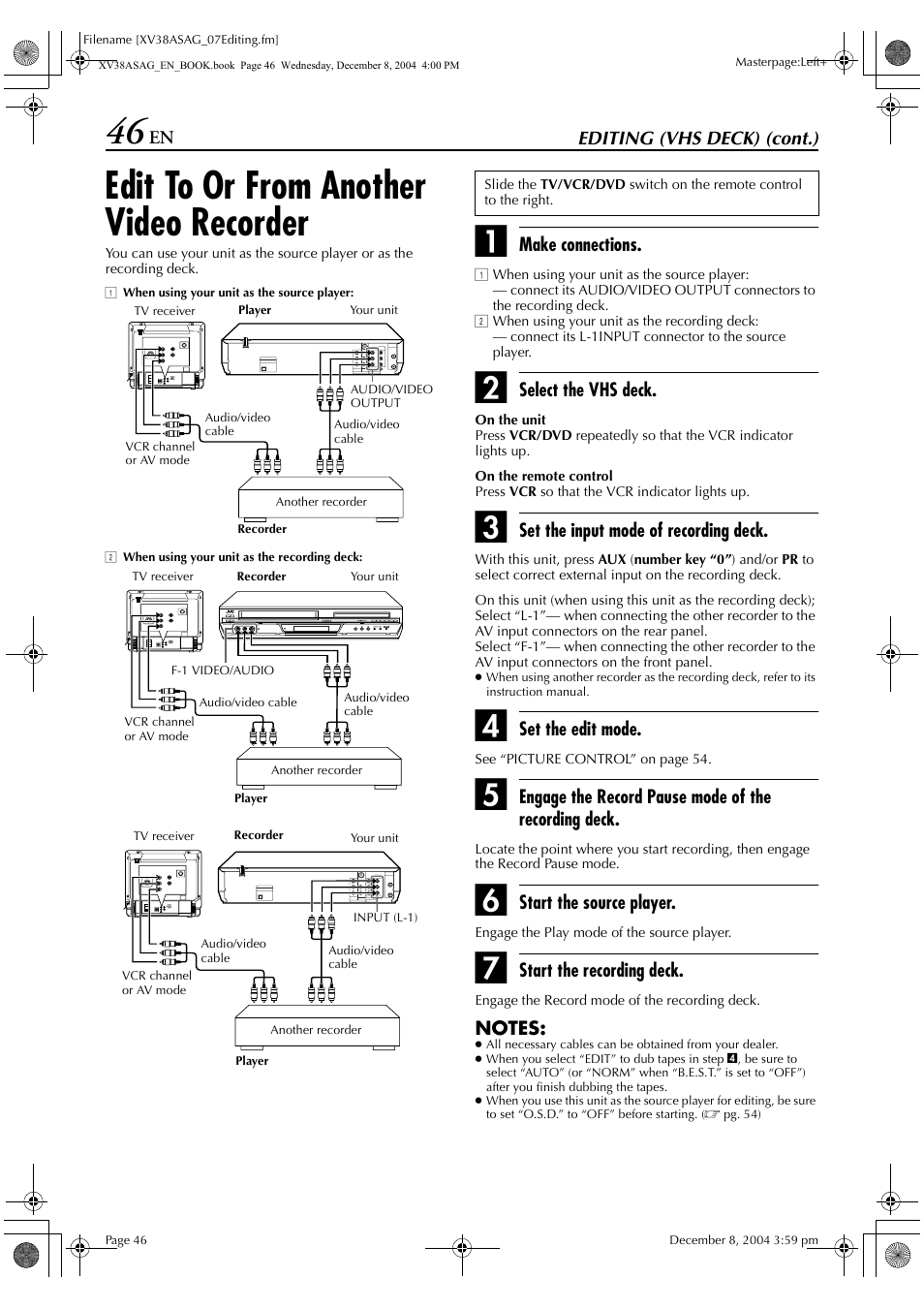 Edit to or from another video recorder | JVC HR-XV38SAG User Manual | Page 46 / 72