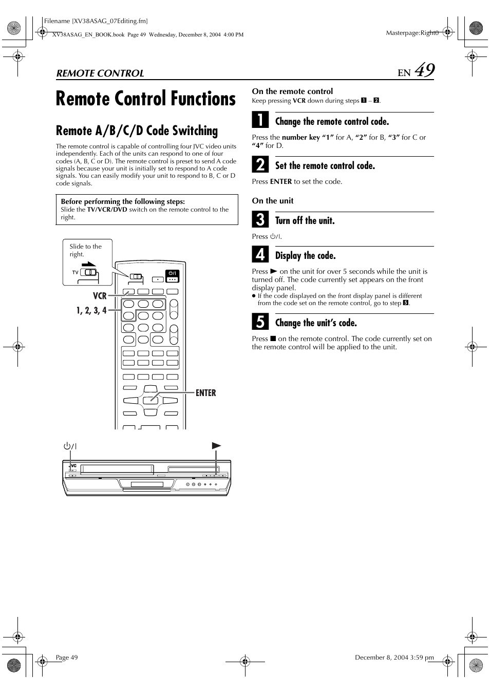 Remote control functions, Remote a/b/c/d code switching | JVC HR-XV38SAG User Manual | Page 49 / 72