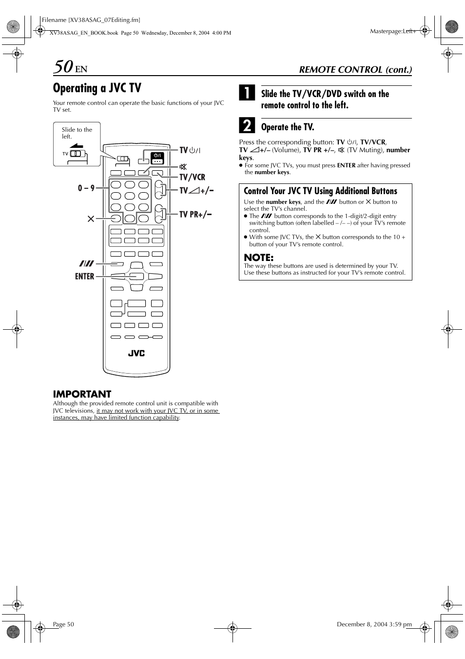 Operating a jvc tv | JVC HR-XV38SAG User Manual | Page 50 / 72