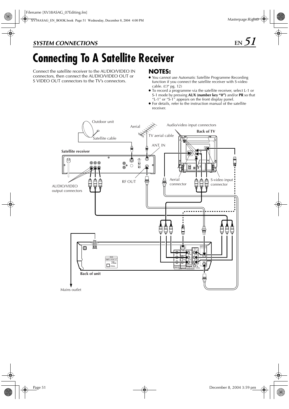 Connecting to a satellite receiver, System connections | JVC HR-XV38SAG User Manual | Page 51 / 72