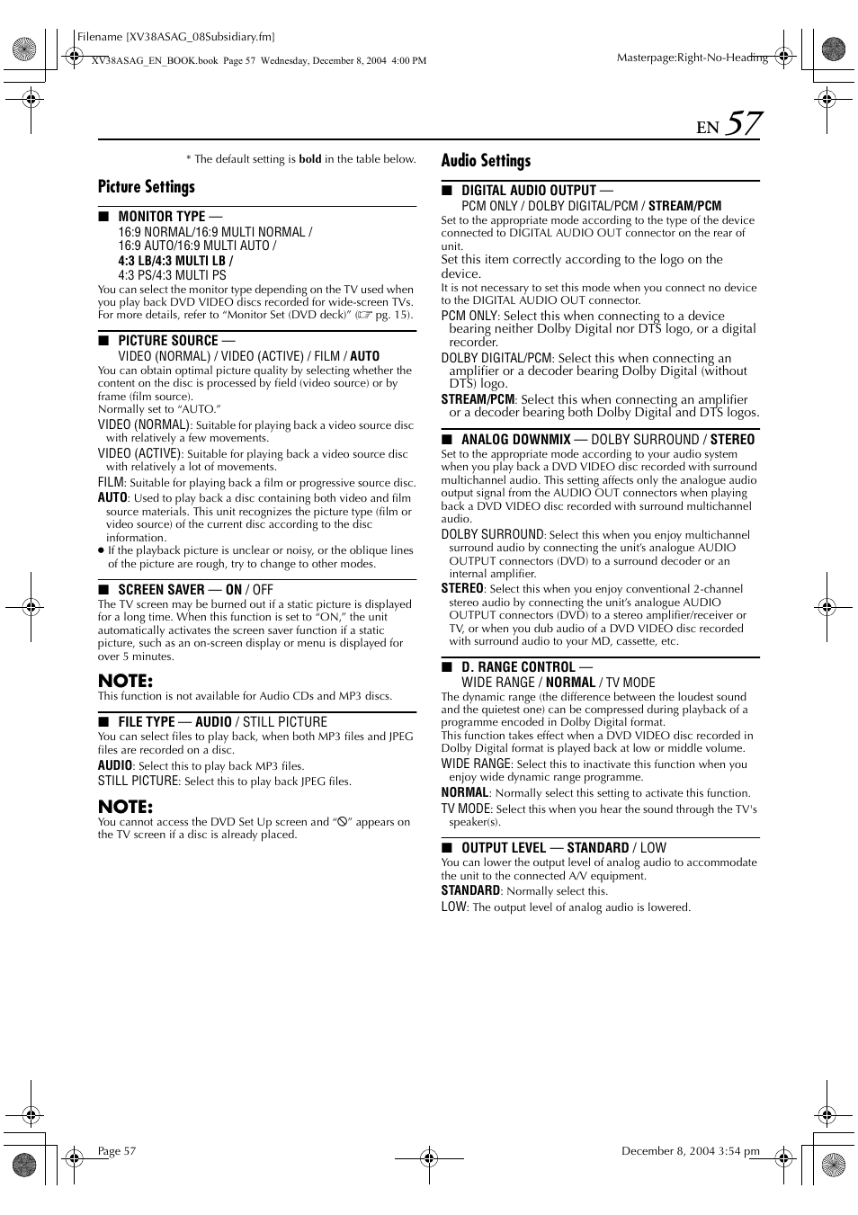 Picture settings, Audio settings | JVC HR-XV38SAG User Manual | Page 57 / 72