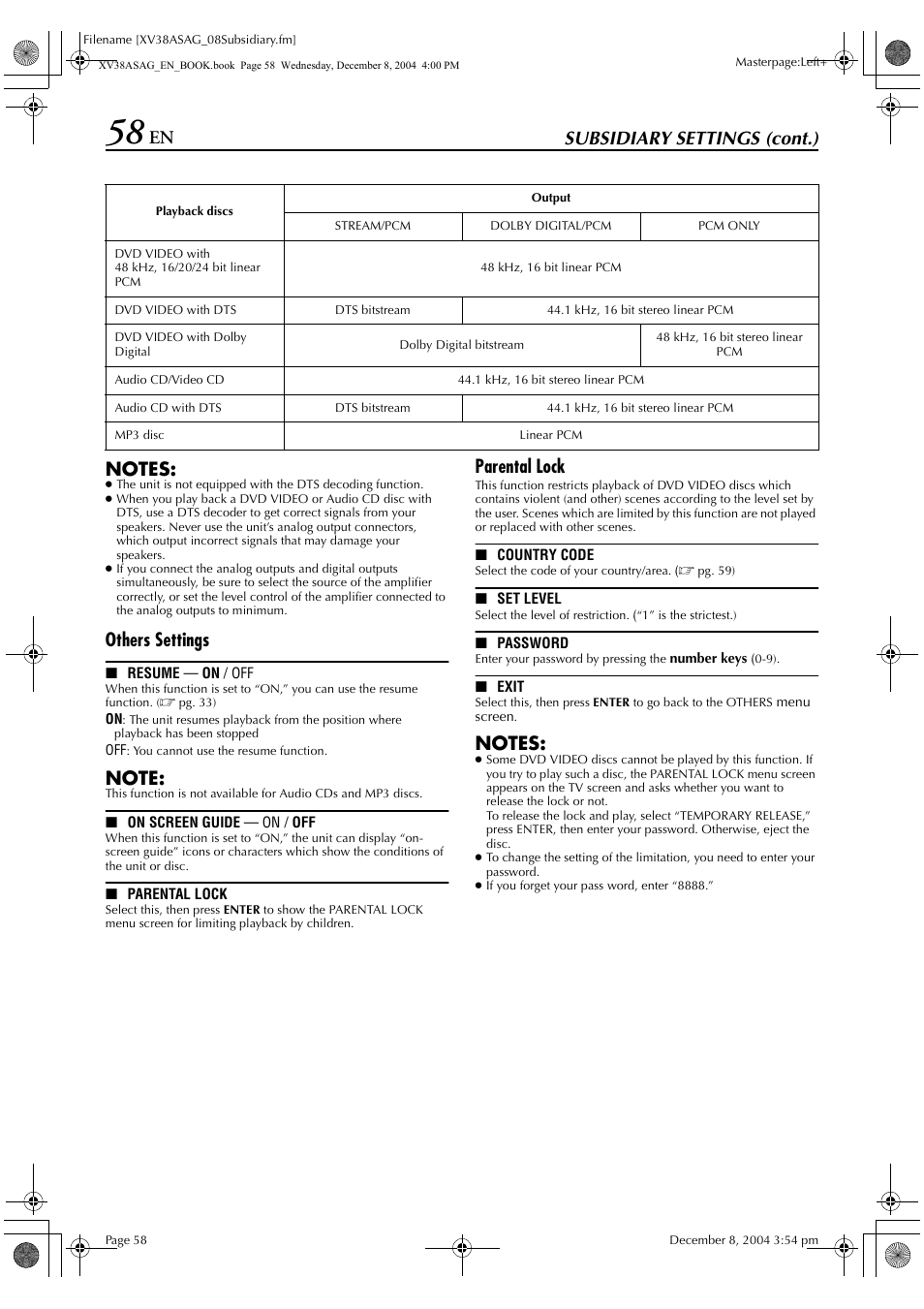 Others settings, Parental lock | JVC HR-XV38SAG User Manual | Page 58 / 72