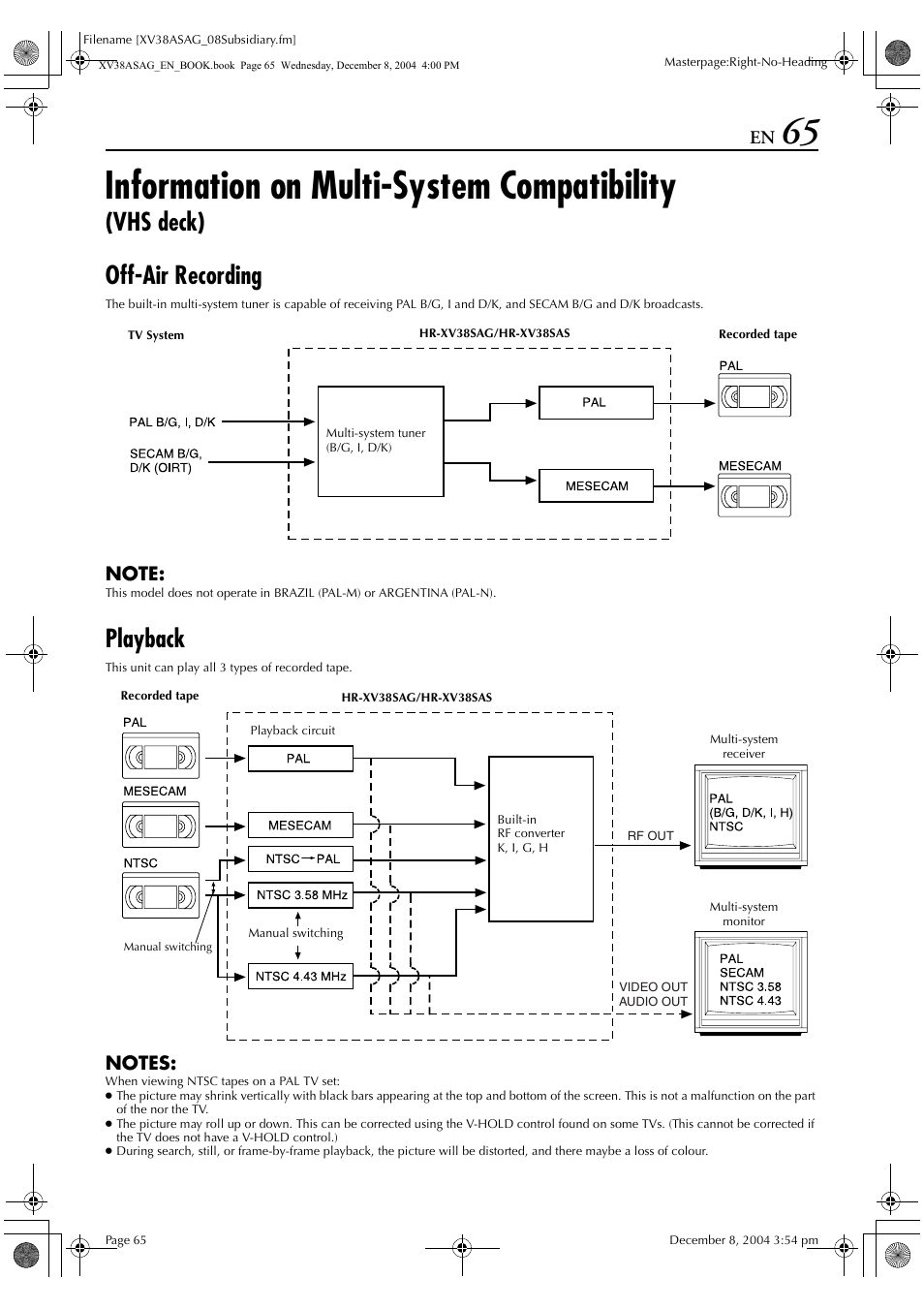 Information on multi-system compatibility, Vhs deck) off-air recording, Playback | JVC HR-XV38SAG User Manual | Page 65 / 72