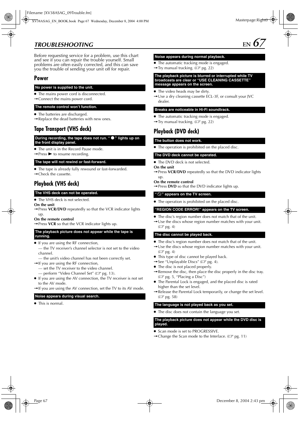 Troubleshooting, Power, Tape transport (vhs deck) | Playback (vhs deck), Playback (dvd deck) | JVC HR-XV38SAG User Manual | Page 67 / 72