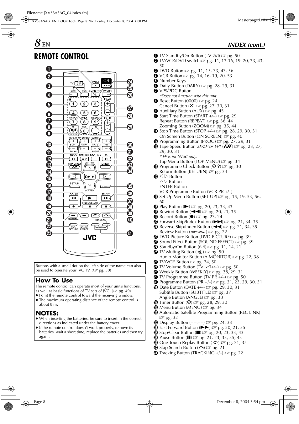 Remote control, Index (cont.), How to use | JVC HR-XV38SAG User Manual | Page 8 / 72