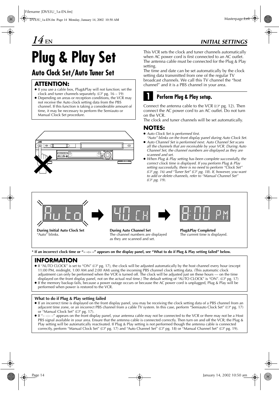 Plug & play set, Auto clock set/auto tuner set, Initial settings | Perform plug & play setup, Attention, Information | JVC HR-DVS3U User Manual | Page 14 / 88