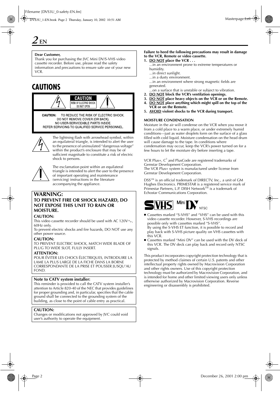 Cautions, Warning | JVC HR-DVS3U User Manual | Page 2 / 88