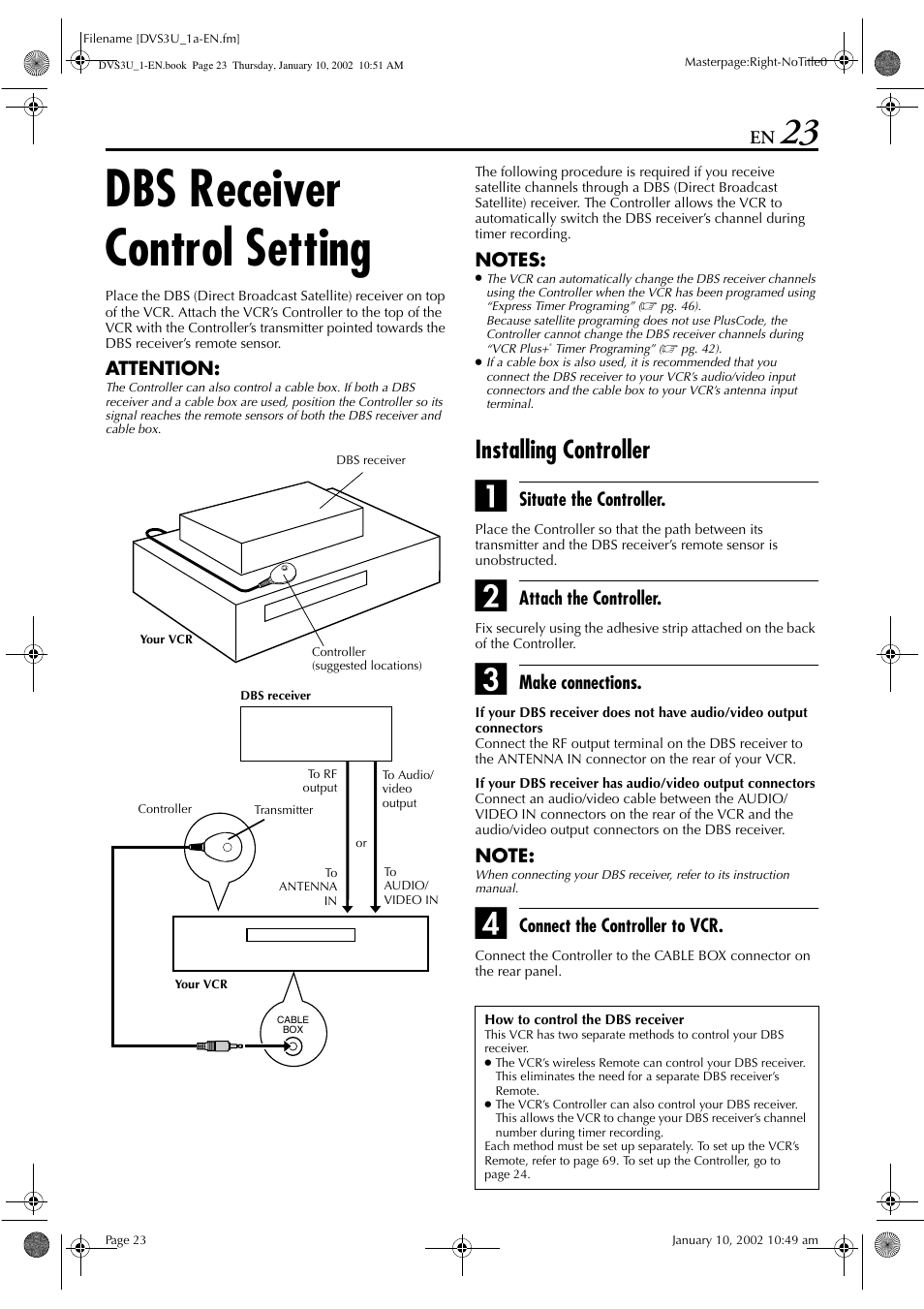 Dbs receiver control setting, Installing controller | JVC HR-DVS3U User Manual | Page 23 / 88